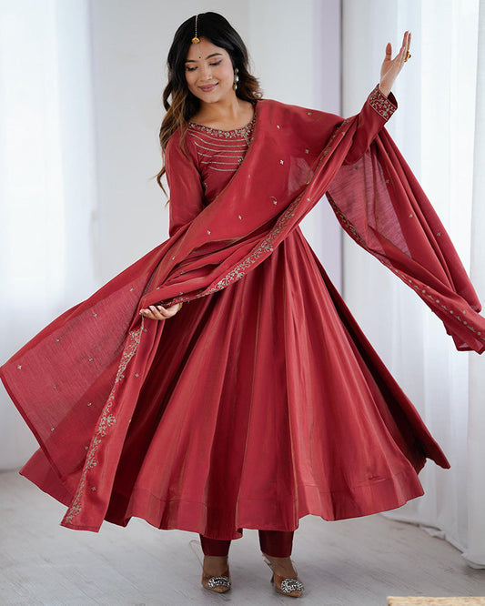 Maroon Color Roman Shimmer Chanderi Silk Three Piece Anarkali Suit