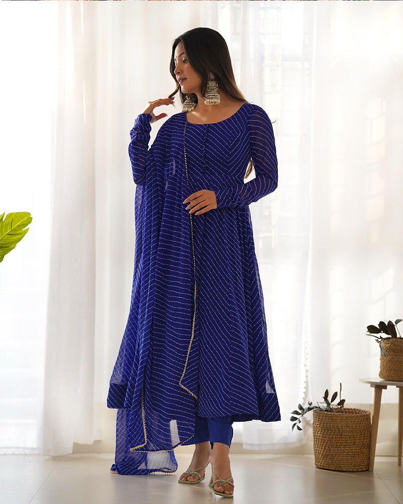 Royal Blue Color Laheriya Print Georgette Three Piece Anarkali Suit