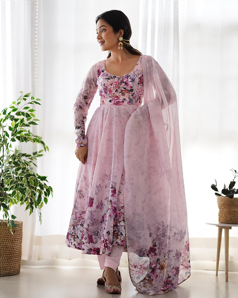 Baby Pink Color Organza Silk Three Piece Anarkali Suit