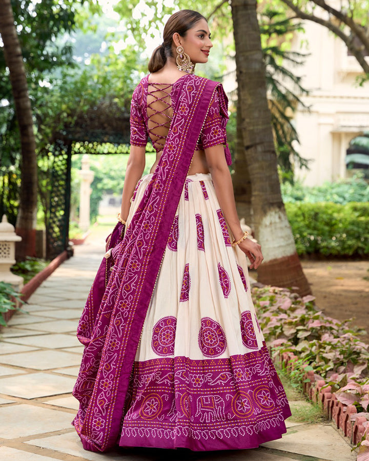 Bandhej Print Wine Color Tussar Silk Lehenga Choli