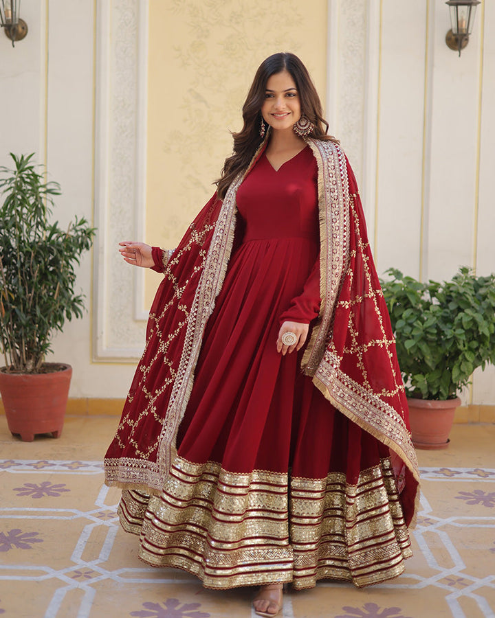 Designer Maroon Color Blooming Sequence Embroidery Work Gown