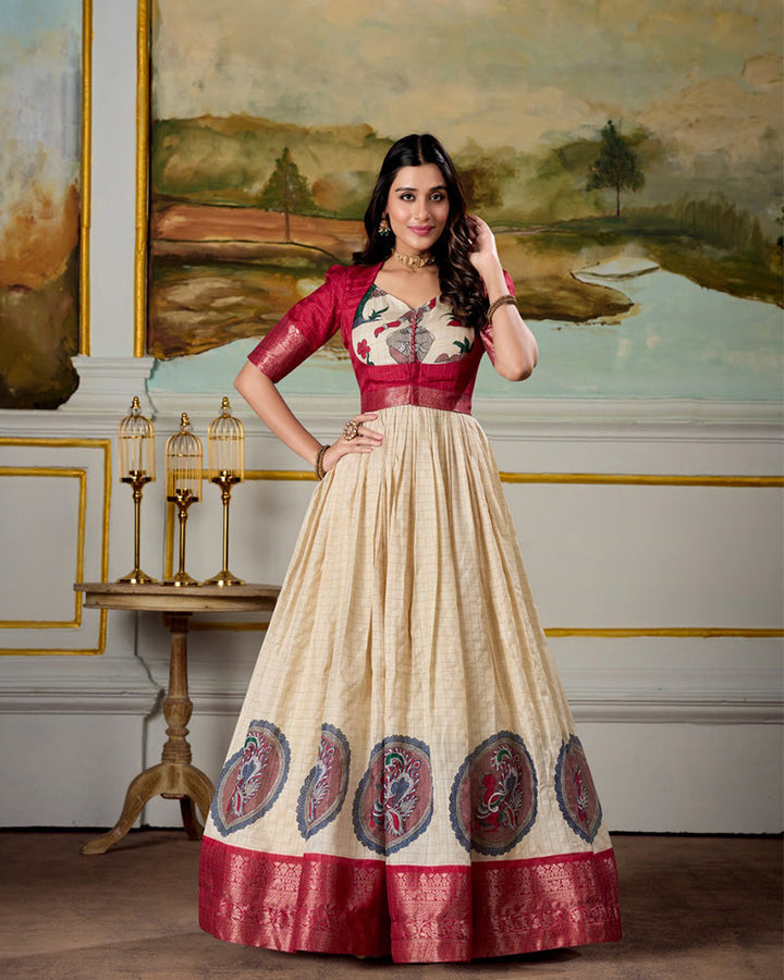 Red Color Dola Silk Kalamkari Gown With koti