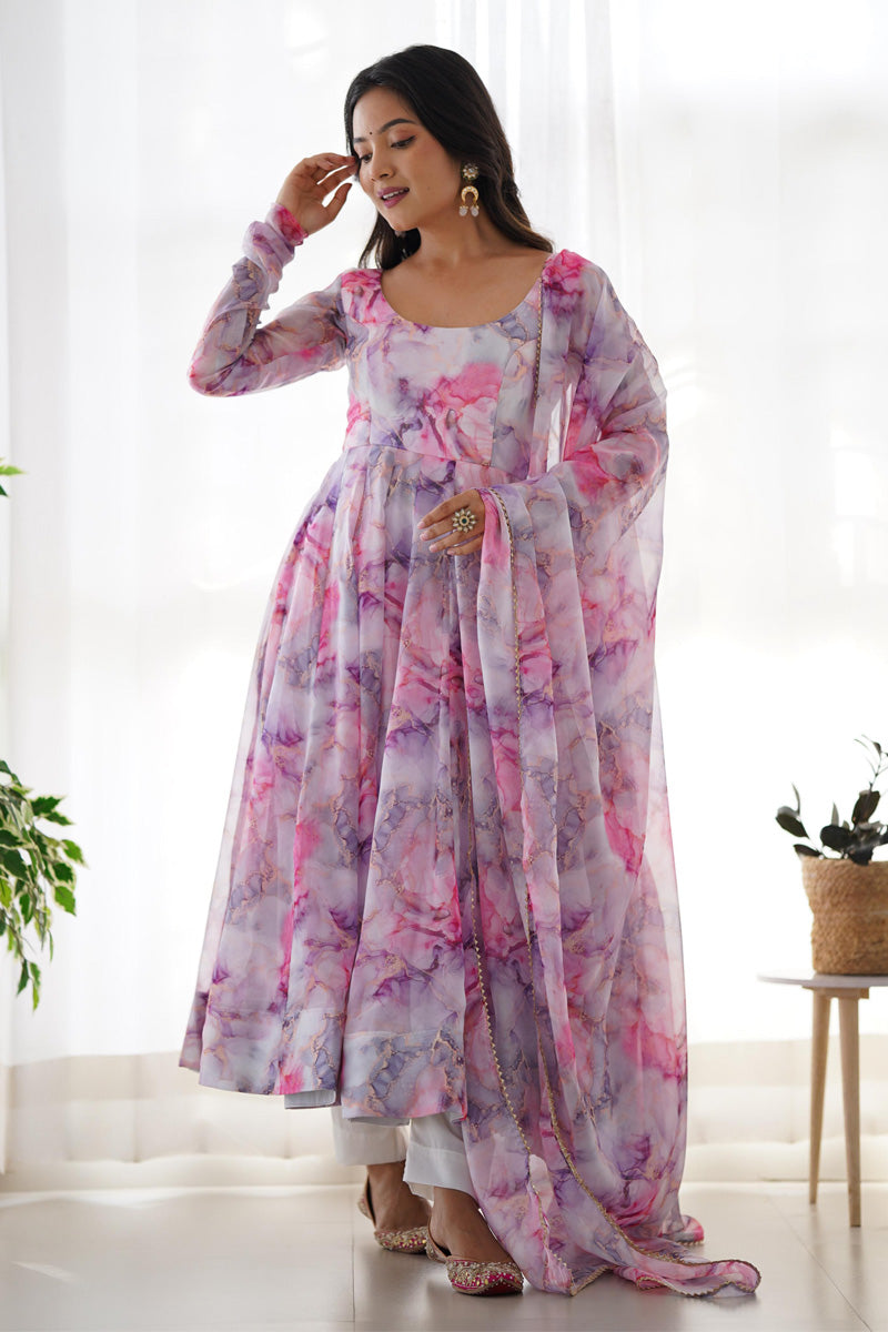 Pink And White Printed Soft Organza Silk Three-Piece Anarkali suit