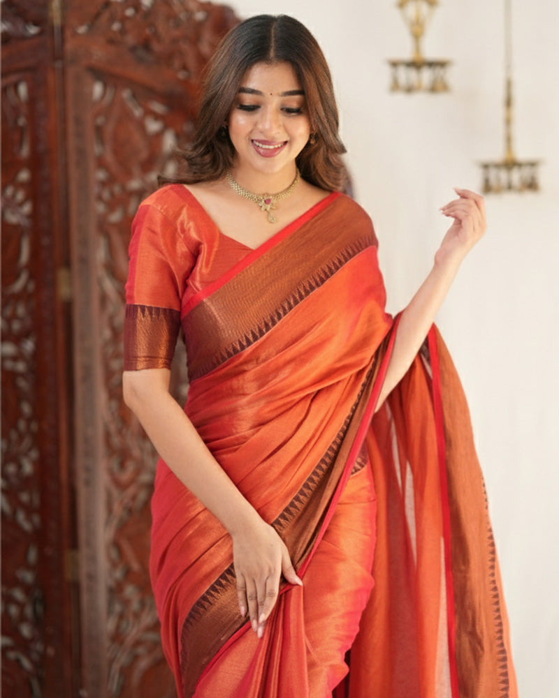 Orange Color Tissue Cotton Saree