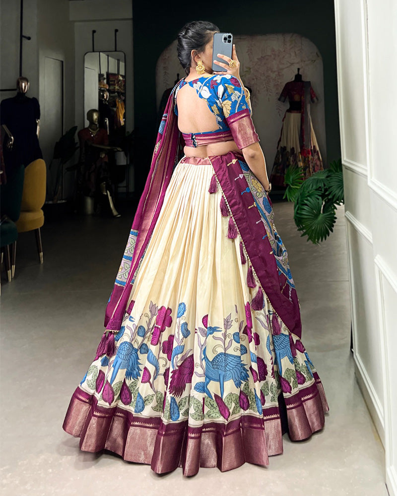 Off-White Color Jacquard Dola Silk Printed Half Saree