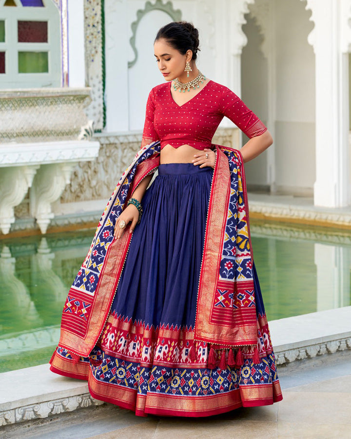 Navy Blue Color Tussar Silk Patola Printed Half Saree