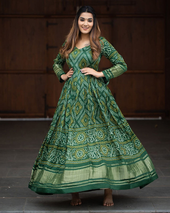 Green Color Festival Special  Bandhej Printed Gown
