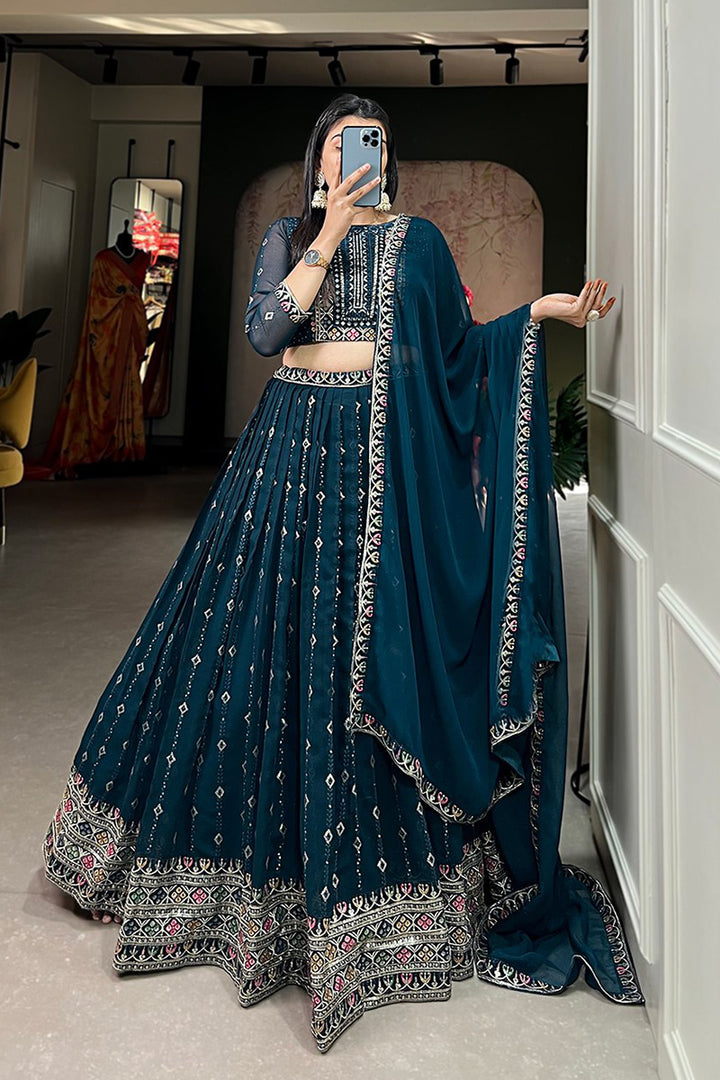 Wedding Wear Designer Navy Blue Color Embroidery Lehenga Choli