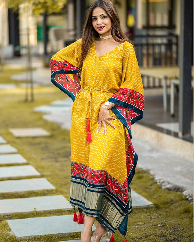 Yellow  Color Unique And Amazing pure Gaji silk Kaftan