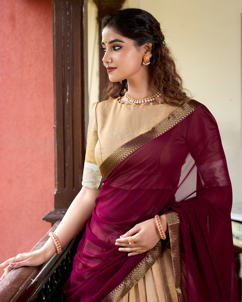 Cream Color Kanchipuram Designer Half Saree