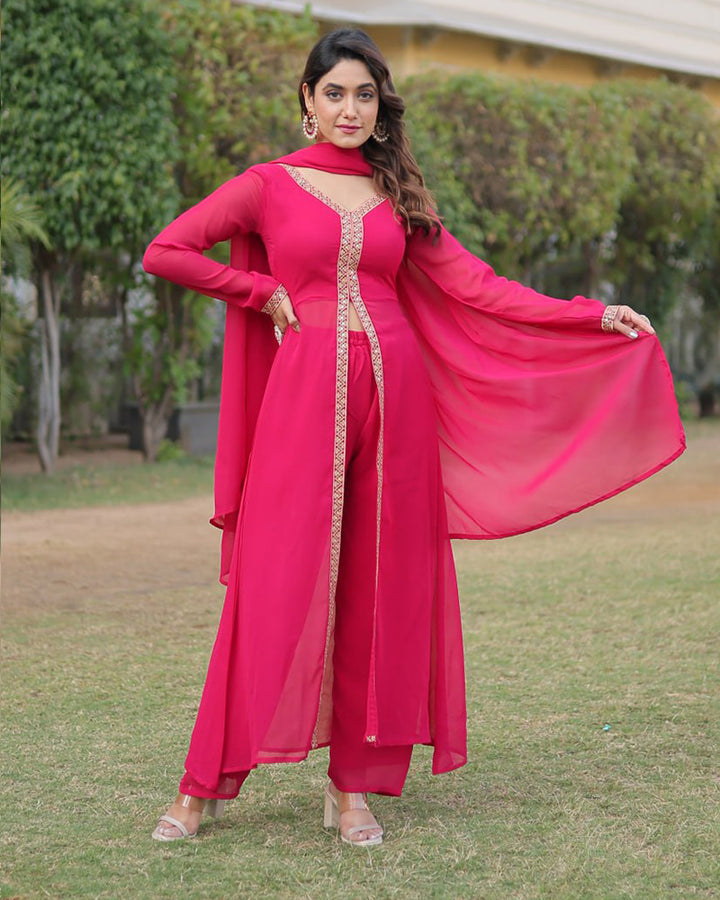 Western style Pink Color Georgette Kurti Pant With Dupatta