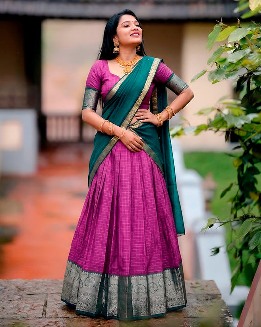 Pink Color Dola Chex Zari Weaving Half Saree