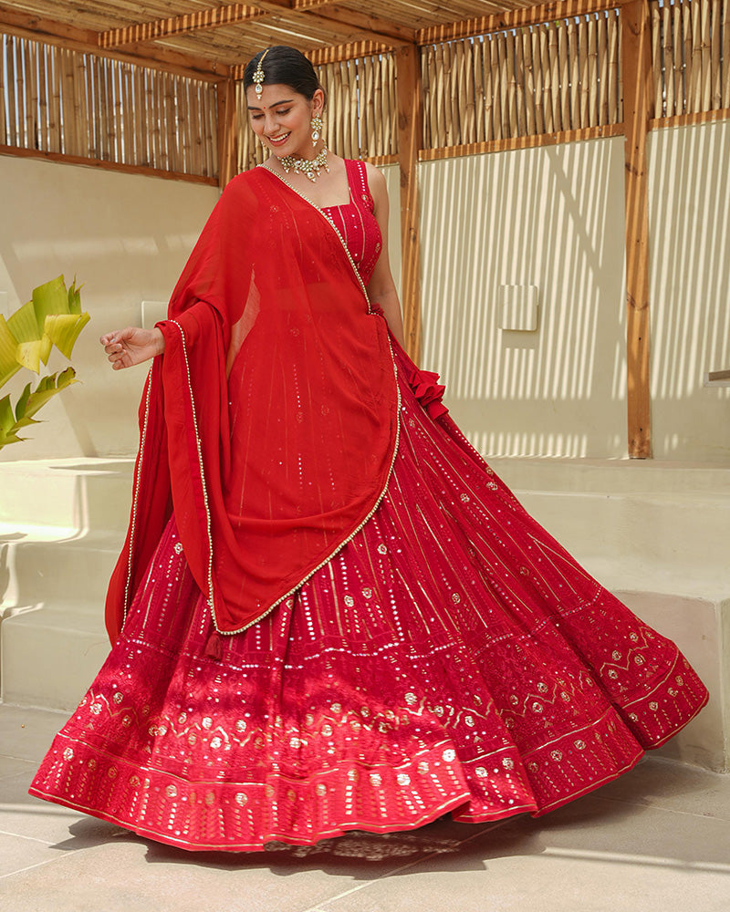 Tomato Red Color Lucknowi Style Embroidered Soft Georgette Lehenga Choli