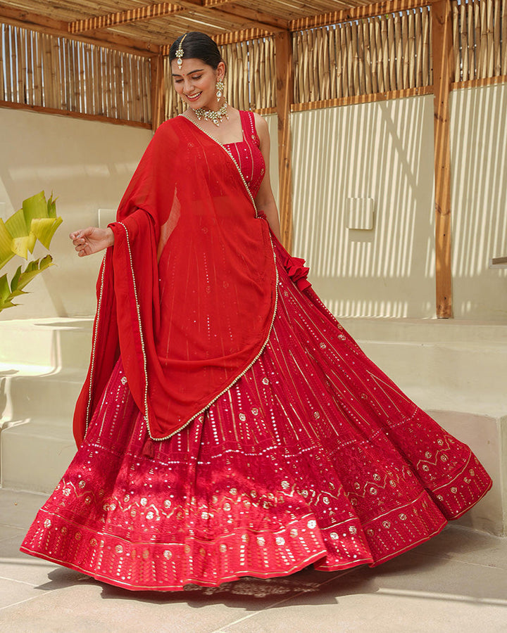 Tomato Red Color Lucknowi Style Embroidered Soft Georgette Lehenga Choli