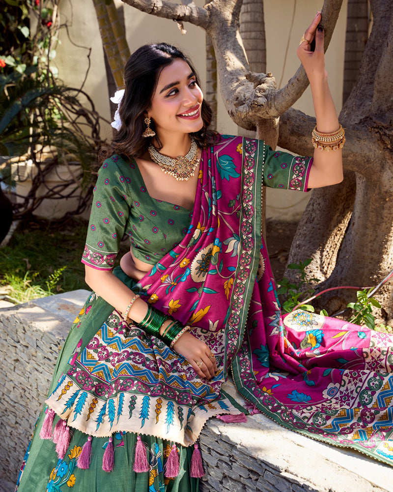 Mehndi Color Tussar Silk Kalamkari Printed Half Saree