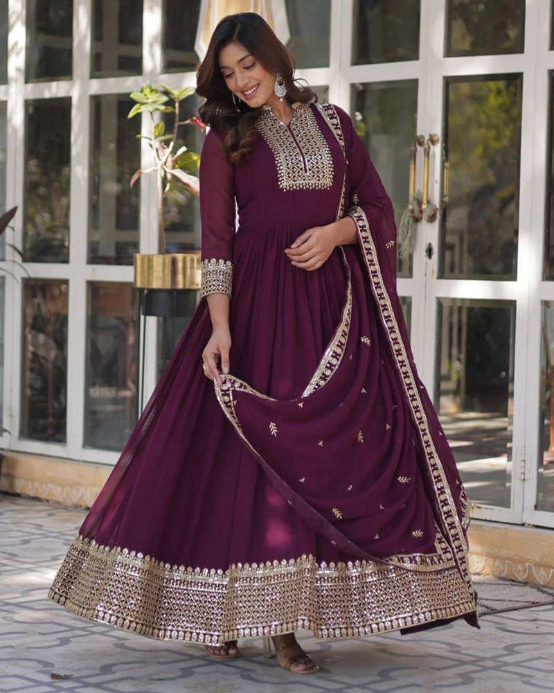 Wine Color Faux Blooming Rich Embroidered Work Gown