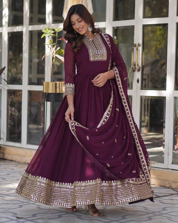 Wine Color Faux Blooming Rich Embroidered Work Gown