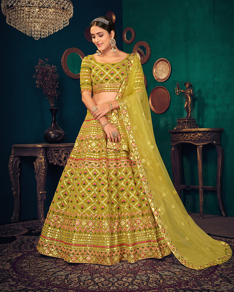 Designer Georgette Embroidery Lime Color Lehenga Choli