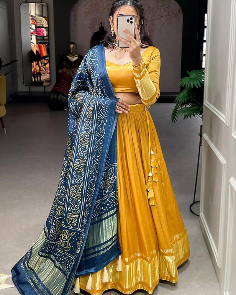 Mustard Yellow Dyeing With Lagdi Patta Gaji Silk Lehenga Choli