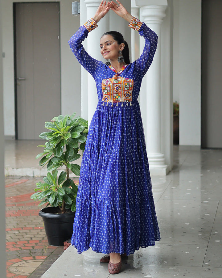 Blue Color Georgette Bandhani Print Navratri Gown
