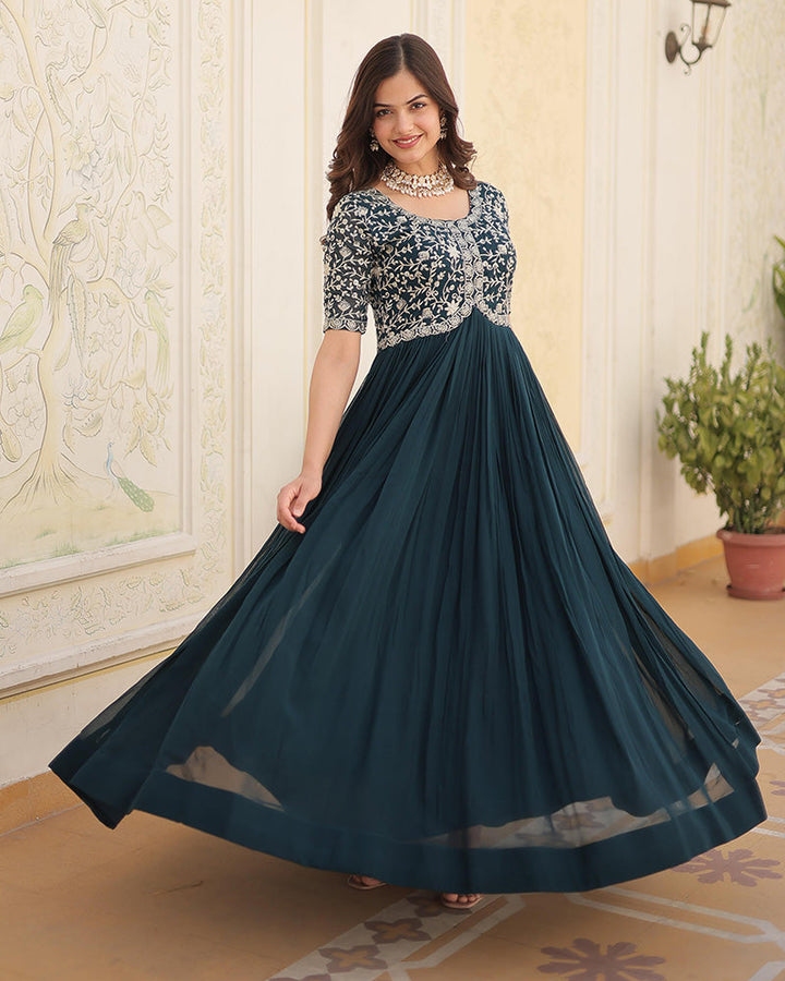 Rama Color Faux Blooming Zari sequence Embroidered Gown