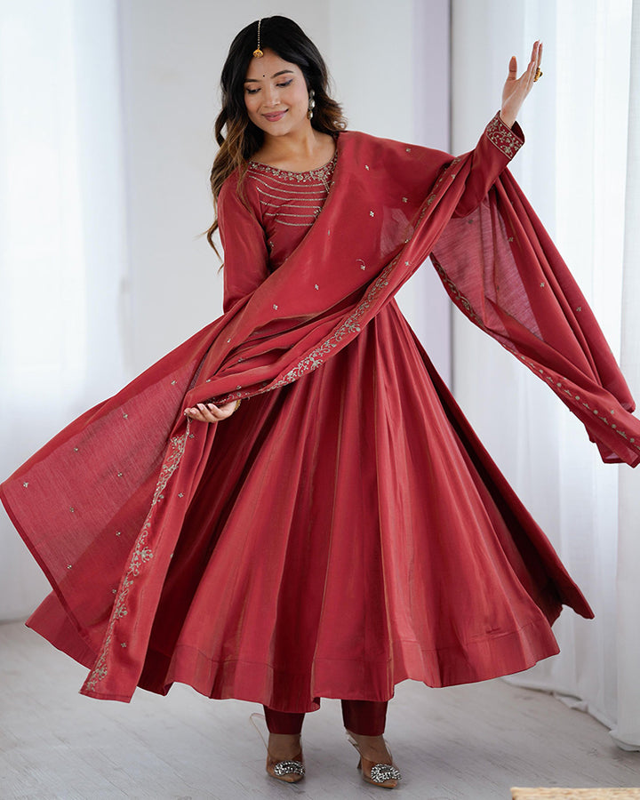 Designer Maroon Color Roman Shimmer Chanderi Silk Anarkali Suit