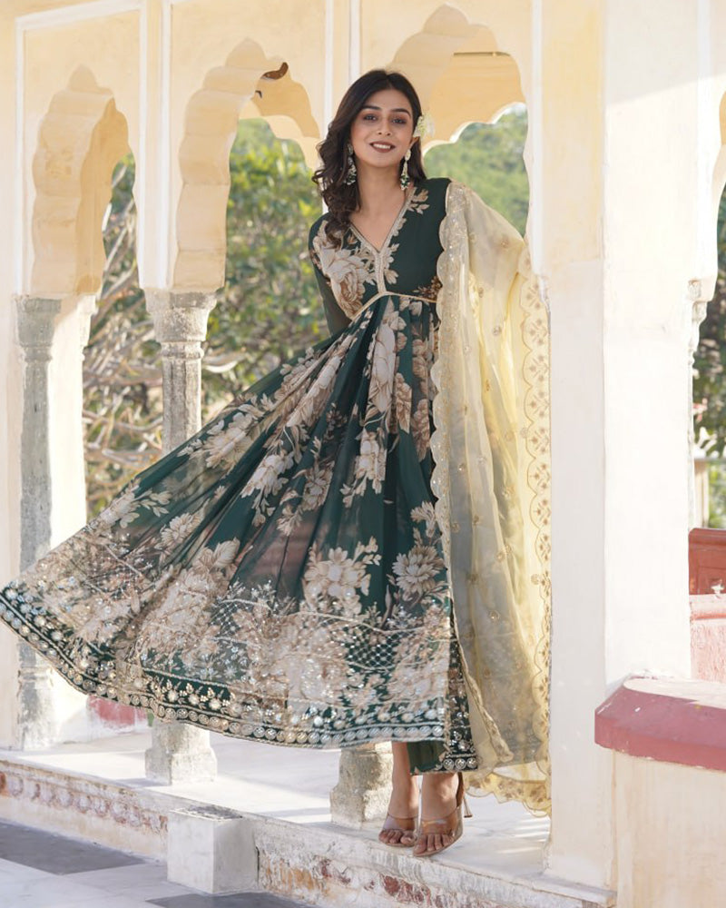 Mehndi Color Russian Silk Gown With Designer Dupatta