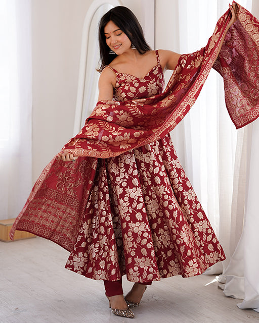 maroon Color Jacquard Dola Silk Anarkali Suit