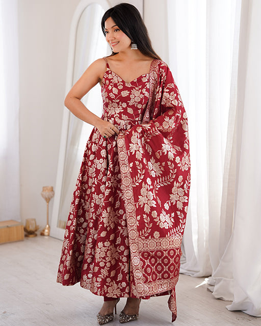 maroon Color Jacquard Dola Silk Anarkali Suit