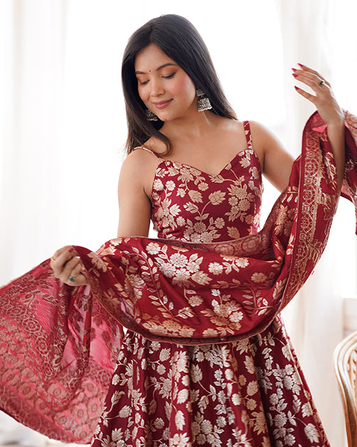 maroon Color Jacquard Dola Silk Anarkali Suit