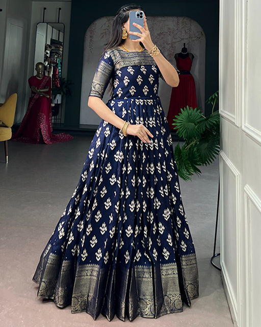 Navy Blue Color Kota  Chex Zari Weaving Work Gown