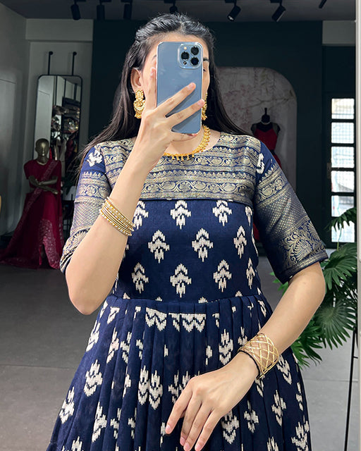Navy Blue Color Kota  Chex Zari Weaving Work Gown