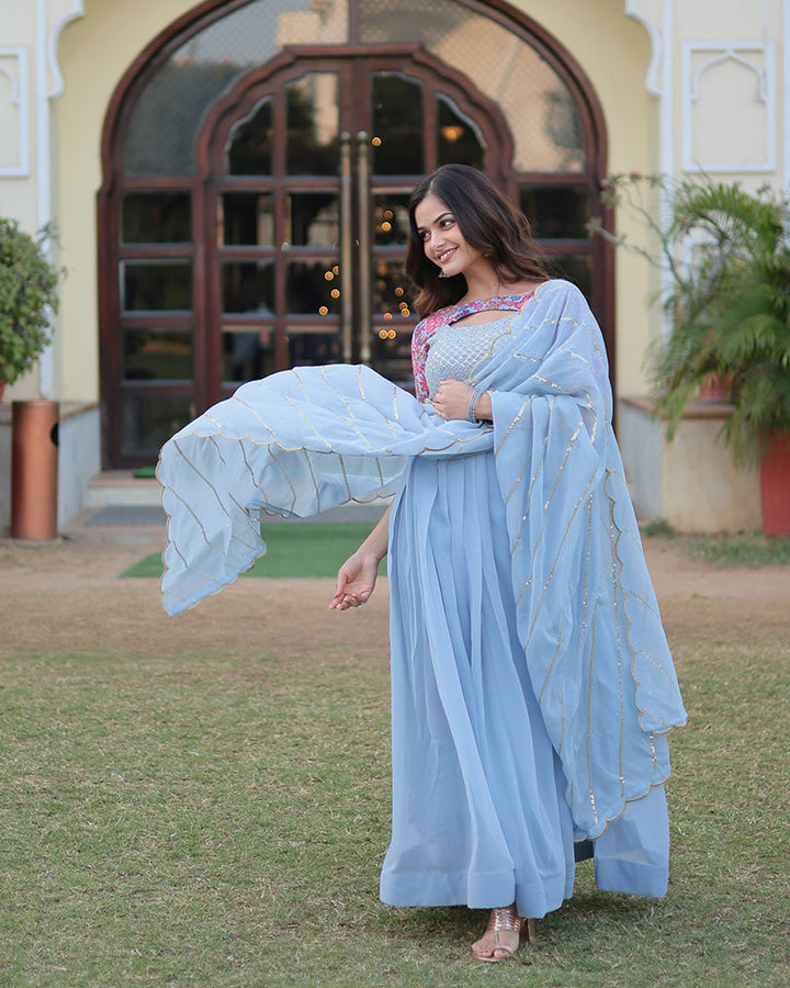 Sky Blue Color With Fancy Neck Faux Georgette Designer Anarkali Suit