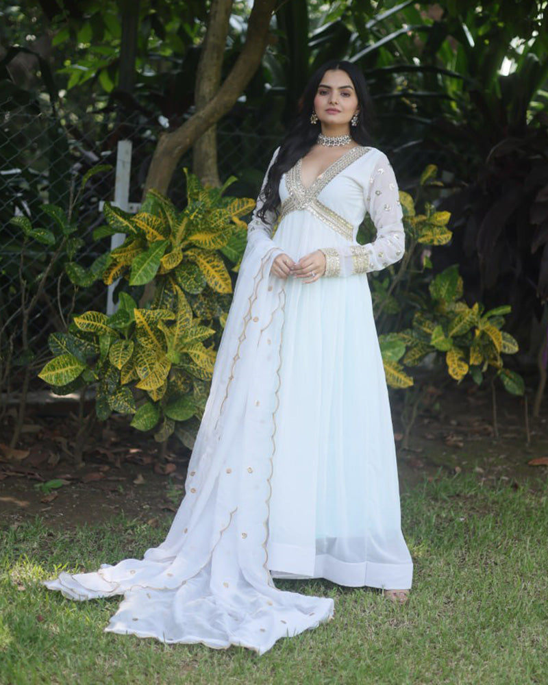 Wedding Wear Embroidered White Color Alia Cut Gown With Dupatta