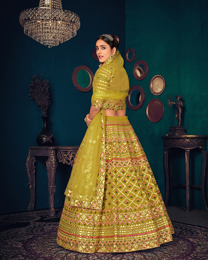 Designer Georgette Embroidery Lime Color Lehenga Choli