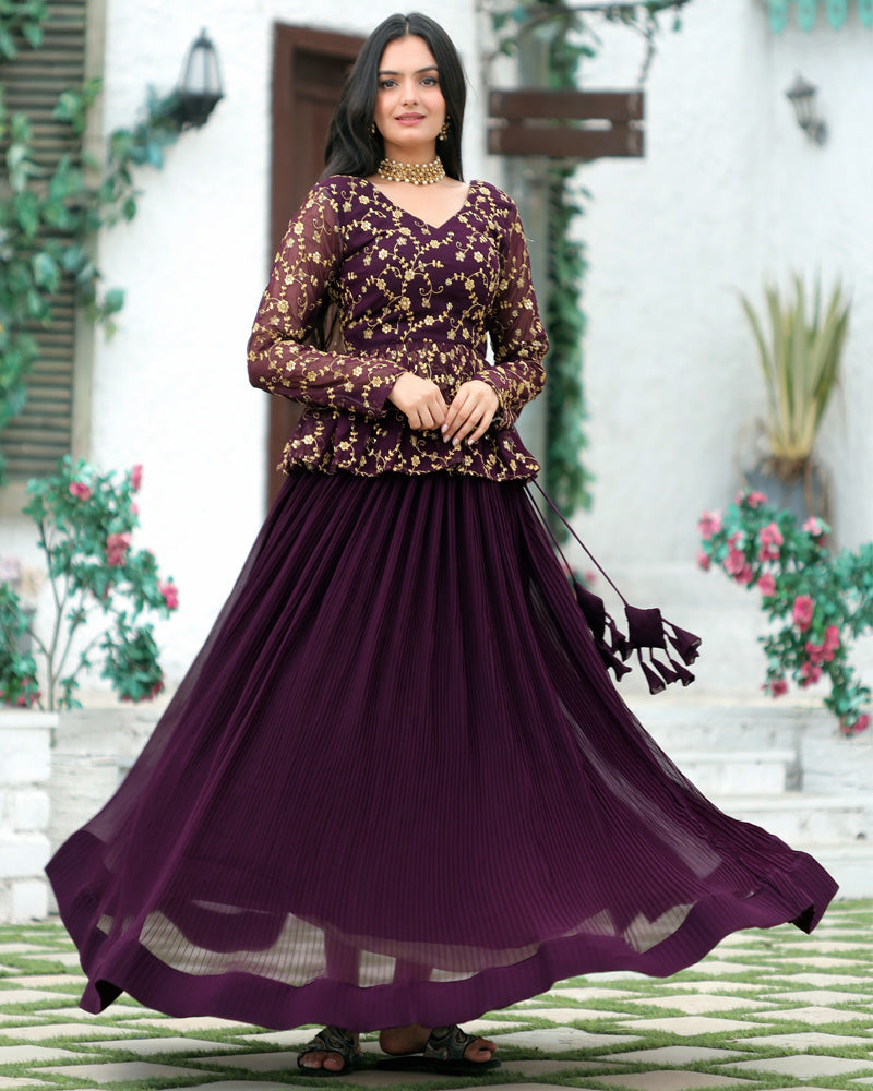 Maroon Color Faux Blooming Sequence Embroidery Work Designer Lehenga Choli