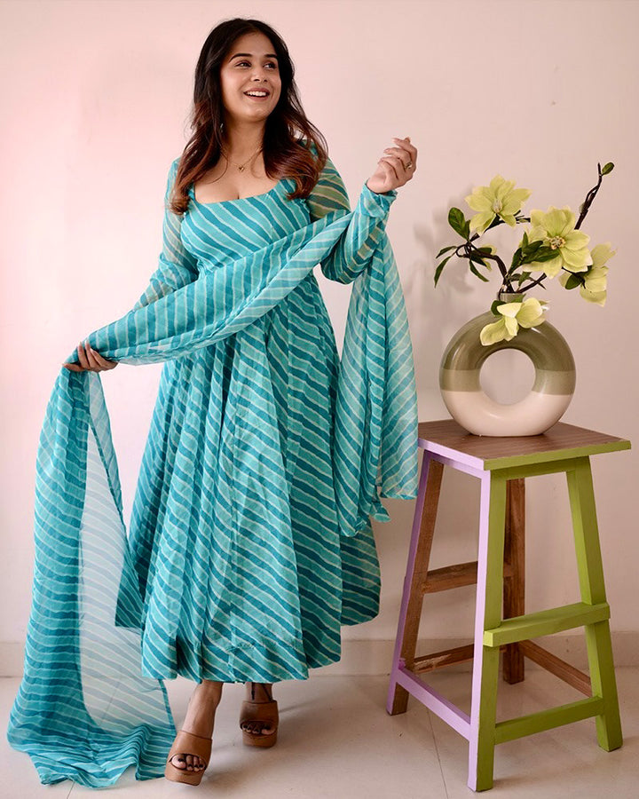 Firozi Color Tabby Organza Three Piece Anarkali Suit