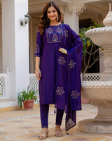 Purple Color Mango Silk Embroidered Kurti Suit