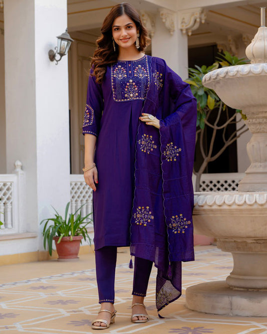 Purple Color Mango Silk Embroidered Kurti Suit
