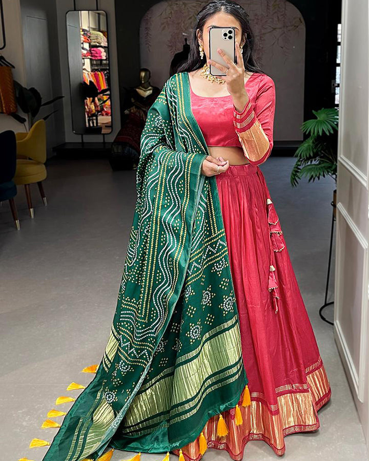 Red Dyeing With Lagdi Patta Gaji Silk Lehenga Choli