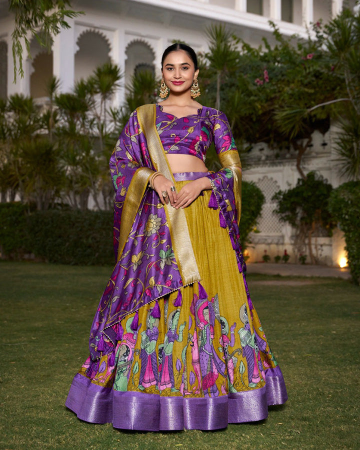 Mustard Color Dola Silk Kalamkari Printed Half Saree