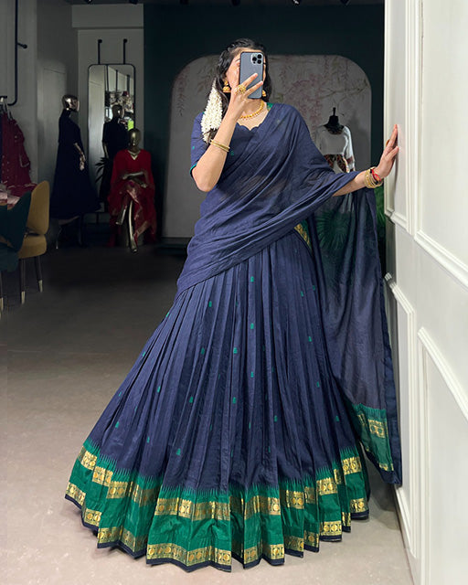 Elegant Navy Blue Chanderi Cotton Half Saree Lehenga Choli