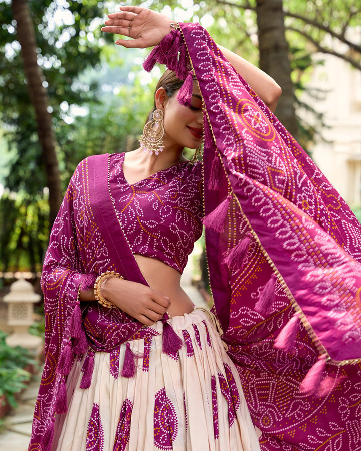 Bandhej Print Wine Color Tussar Silk Lehenga Choli