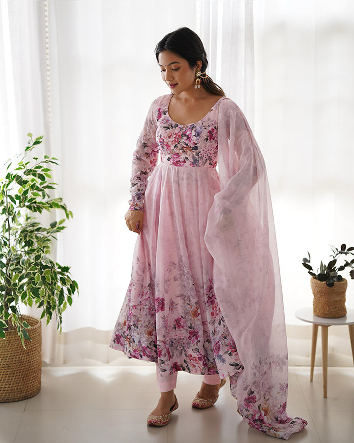 Baby Pink Color Organza Silk Three Piece Anarkali Suit