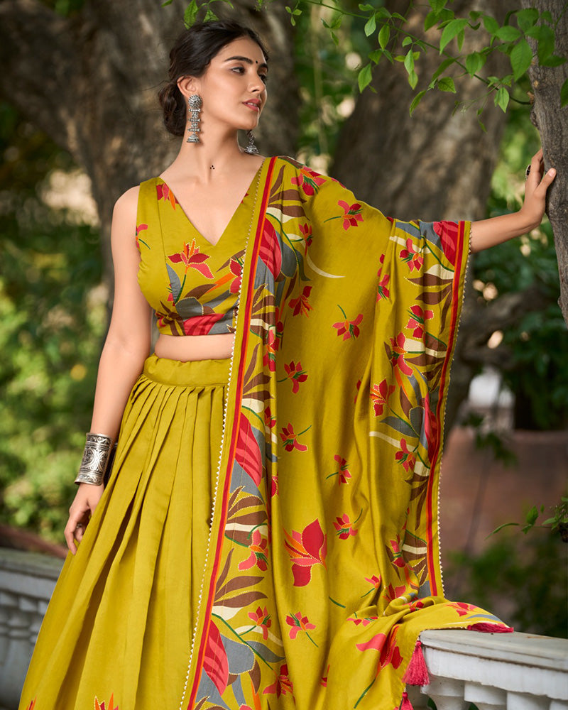 Mustard Chanderi Floral Printed lehenga Choli