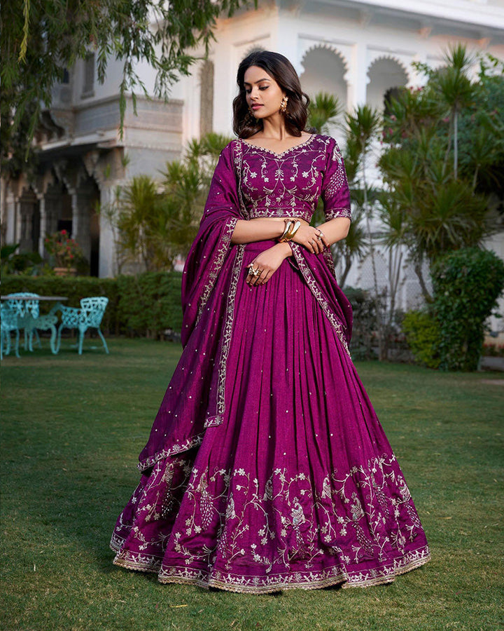 Wine Color Vichitra Silk Sequence Embroidery Half Saree