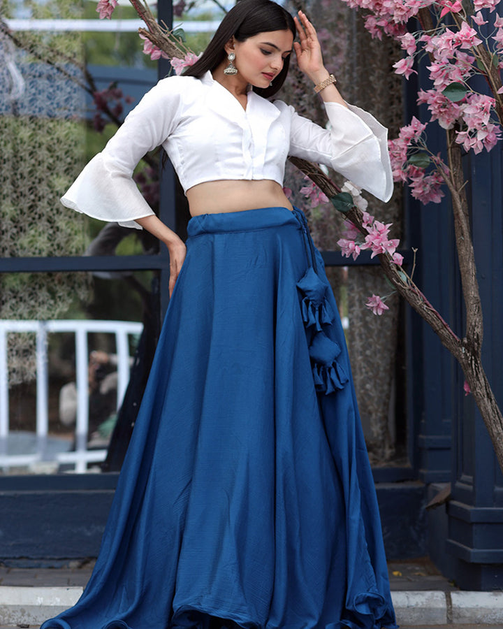 Blue Color Fully Stitched Chinnon Crop Top Lehenga With Phantom Silk Designer Blouse