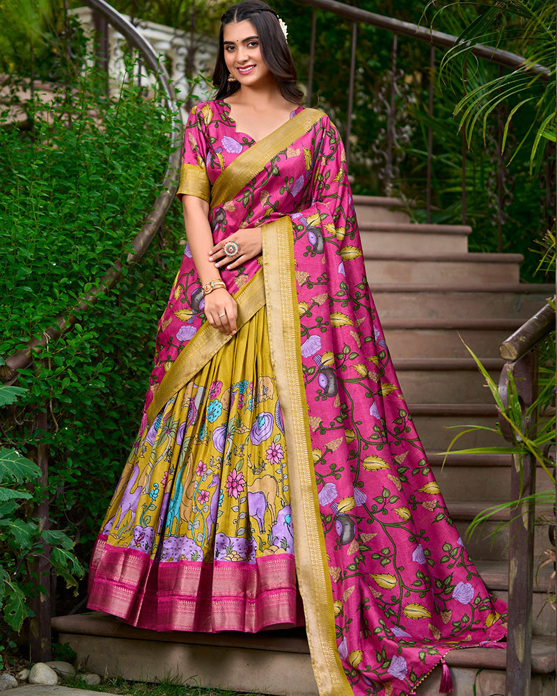 Designer Mustard Color Kalamkari Printed Dola Silk Lehenga Choli