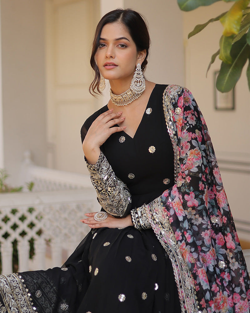 Black Color Faux Georgette Designer Gown With Dupatta