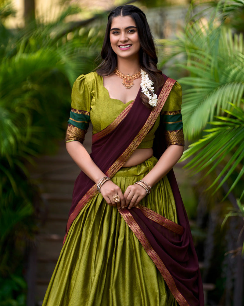 Olive Green Color Poly Cotton Half Saree